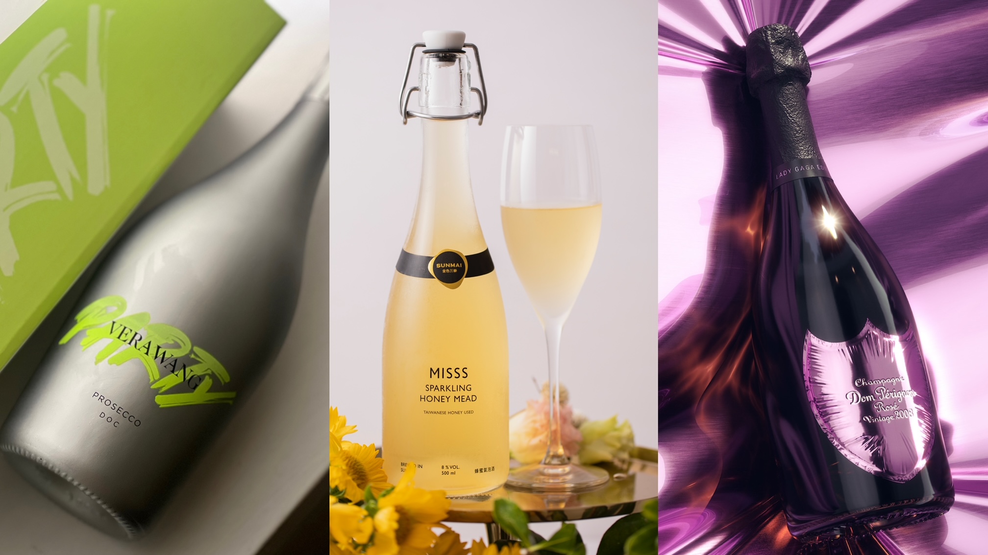 時尚設計師Vera Wang推出氣泡酒、SUNMAI金色三麥MISSS蜂蜜氣泡酒與香檳王聯手女神卡卡粉紅香檳。