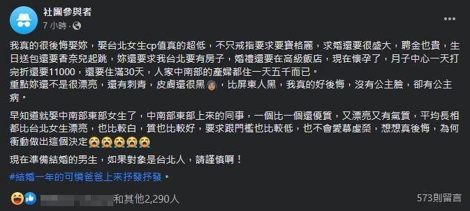 近日有一名人夫結婚1年後發文抱怨「娶台北女生CP值低!」不過該戰南北的說法引發網友炸鍋。(翻攝自匿名2公社臉書)