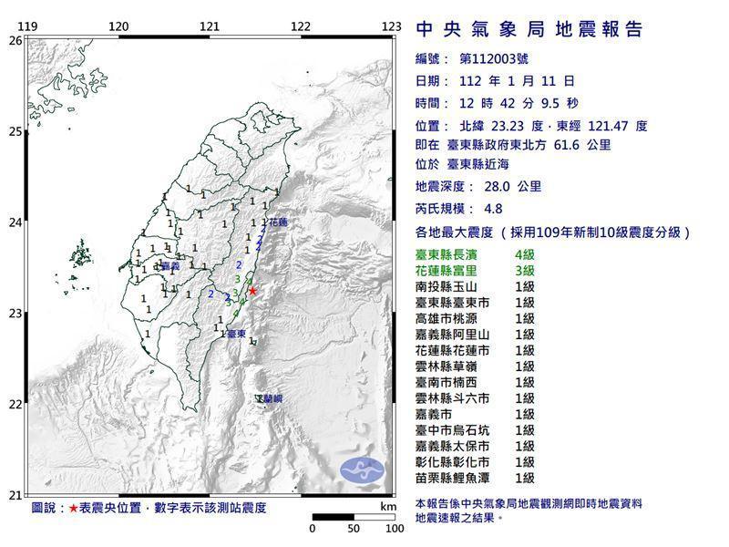 稍早12時42分台東有感地震,公路總局提醒用路人應注意即時路況。(翻攝自中央氣象局)