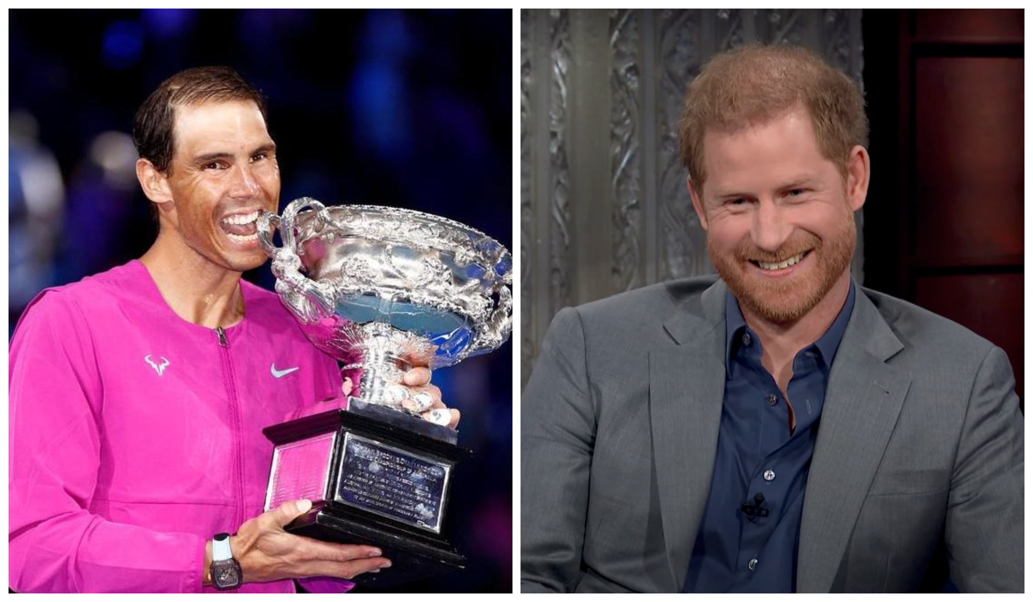 納達爾（左圖）奪下2022年澳網男單冠軍，哈利王子（右圖）表示激勵人心。（翻攝Australia Open臉書、The Late Show畫面）