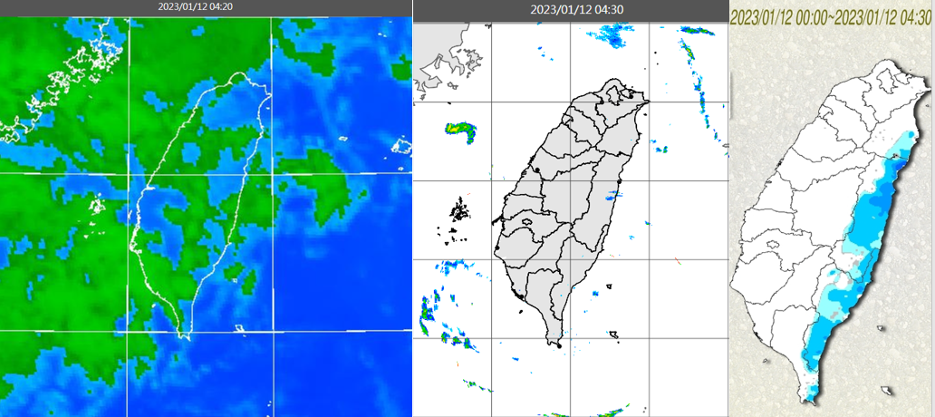 12日4:20紅外線色調強化雲圖顯示,台灣上空仍有鬆散雲層(左圖)。(翻攝自三立準氣象· 老大洩天機)