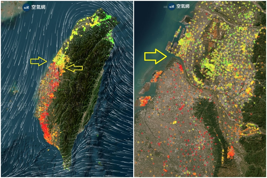氣象局長鄭明典在臉書PO出一張空品觀測圖,發現西半部突然出現一邊界,引起網友熱議。(翻攝自鄭明典臉書)