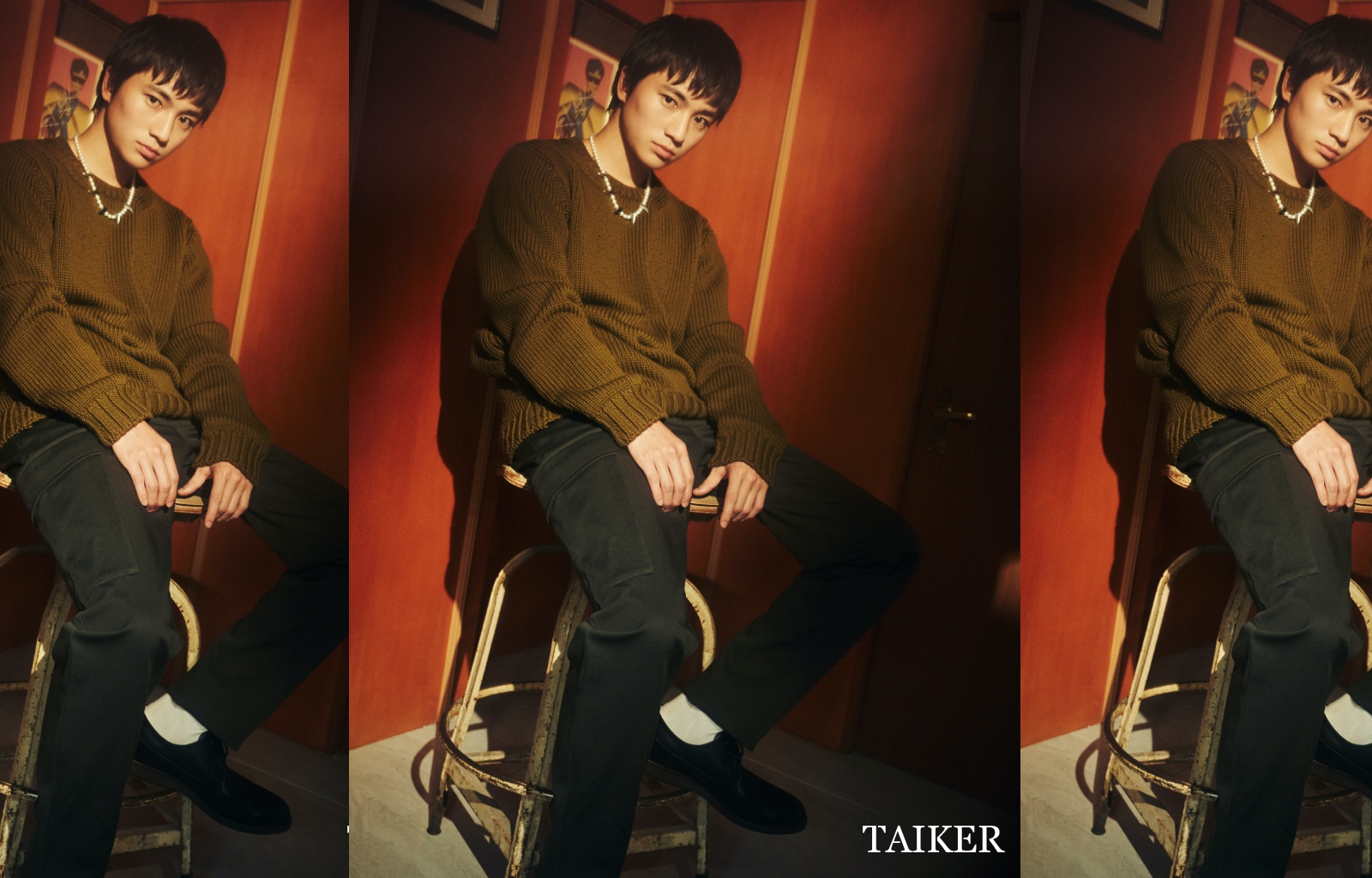 日籍男演員木戶大聖身著peter wu卡其色羊毛圓領上衣NT$24,180、peter wu卡其色工裝長褲NT$24,180。（臺客雜誌提供）