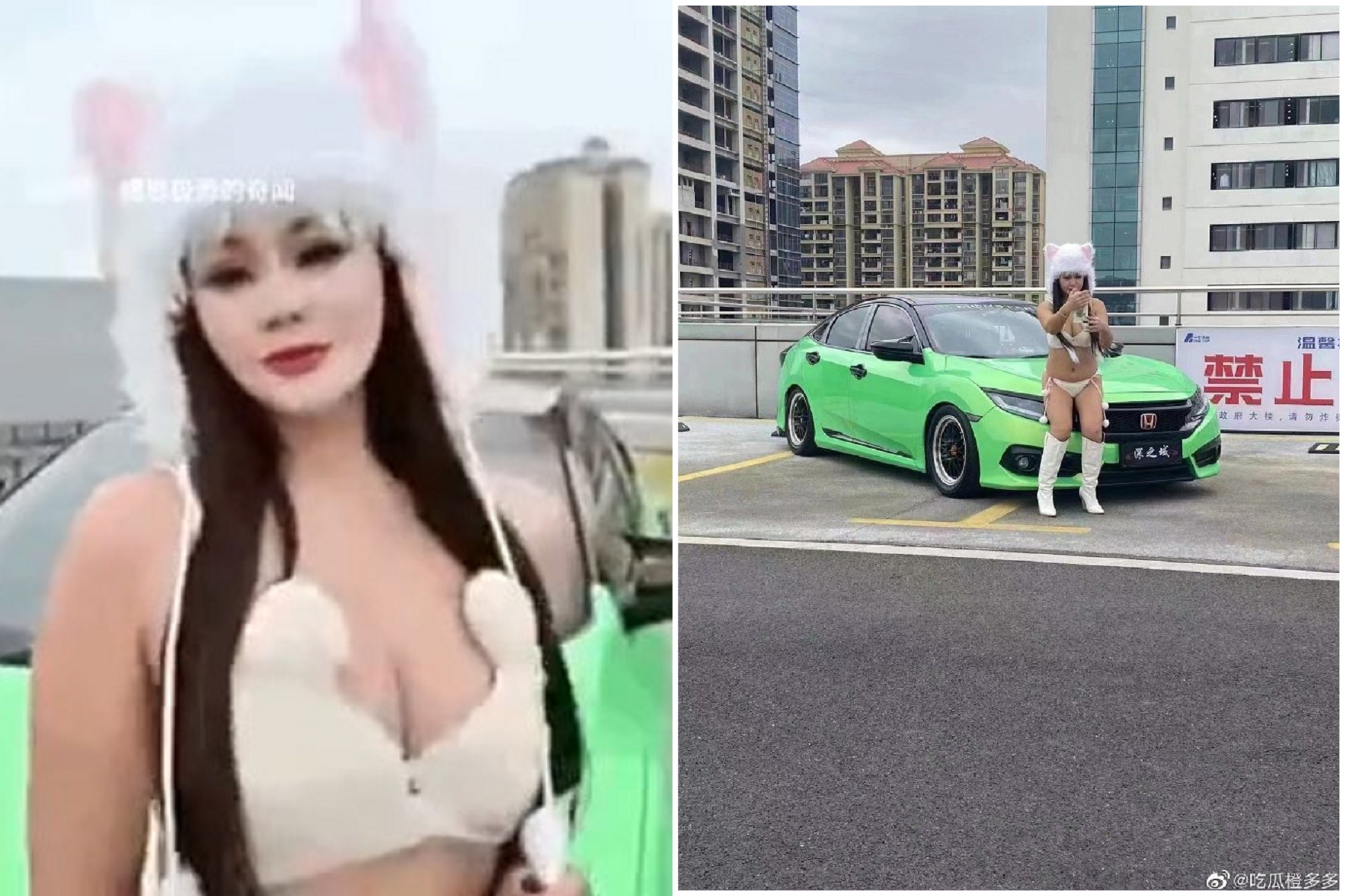 汽車正妹爆乳身材辣，本尊現身驚為天人！網嚇喊「詐騙呀」。（翻自微博）