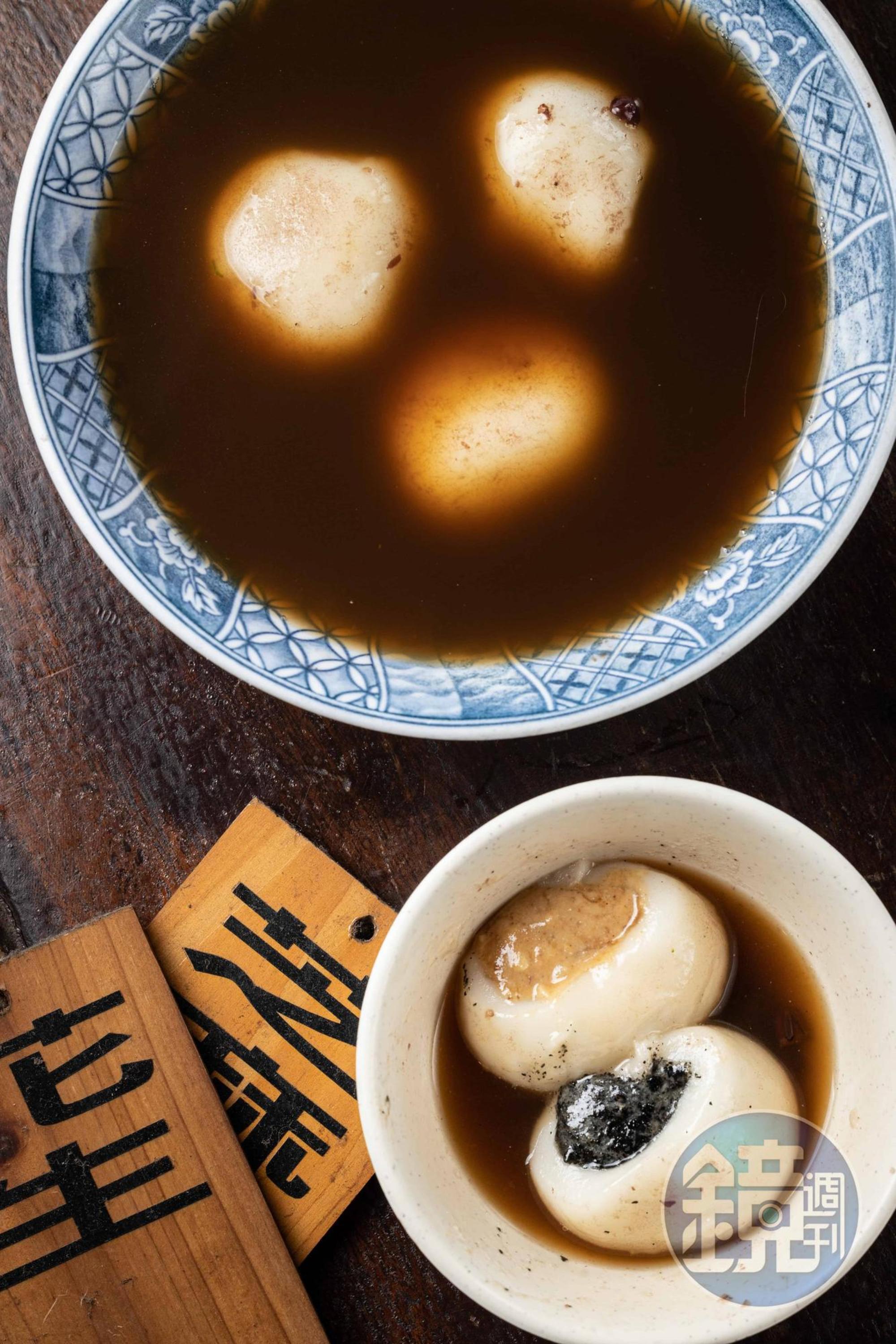 兩種口味通包的「花生芝麻大湯圓」，甜餡裡不只有流沙，還有花生芝麻顆粒幫口感加分。（75元／碗）