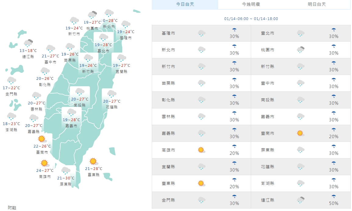 全台今日白天天氣狀況一覽。（中央氣象局提供）