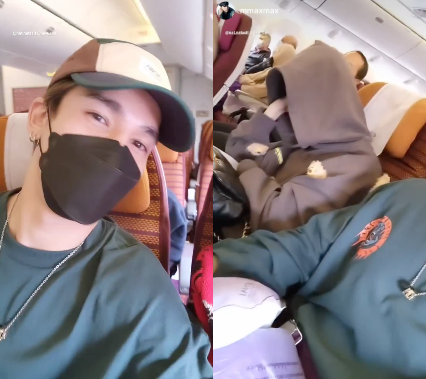 Max(左)在飛機上拍下Nunew的睡相。(翻攝Max、Zee IG)