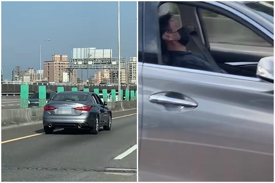 一名INFINITI車主,疑似使用半自動駕駛在國道上呼呼大睡,但車輪已壓到內線車道黃線,險象環生。(翻攝自爆料公社)