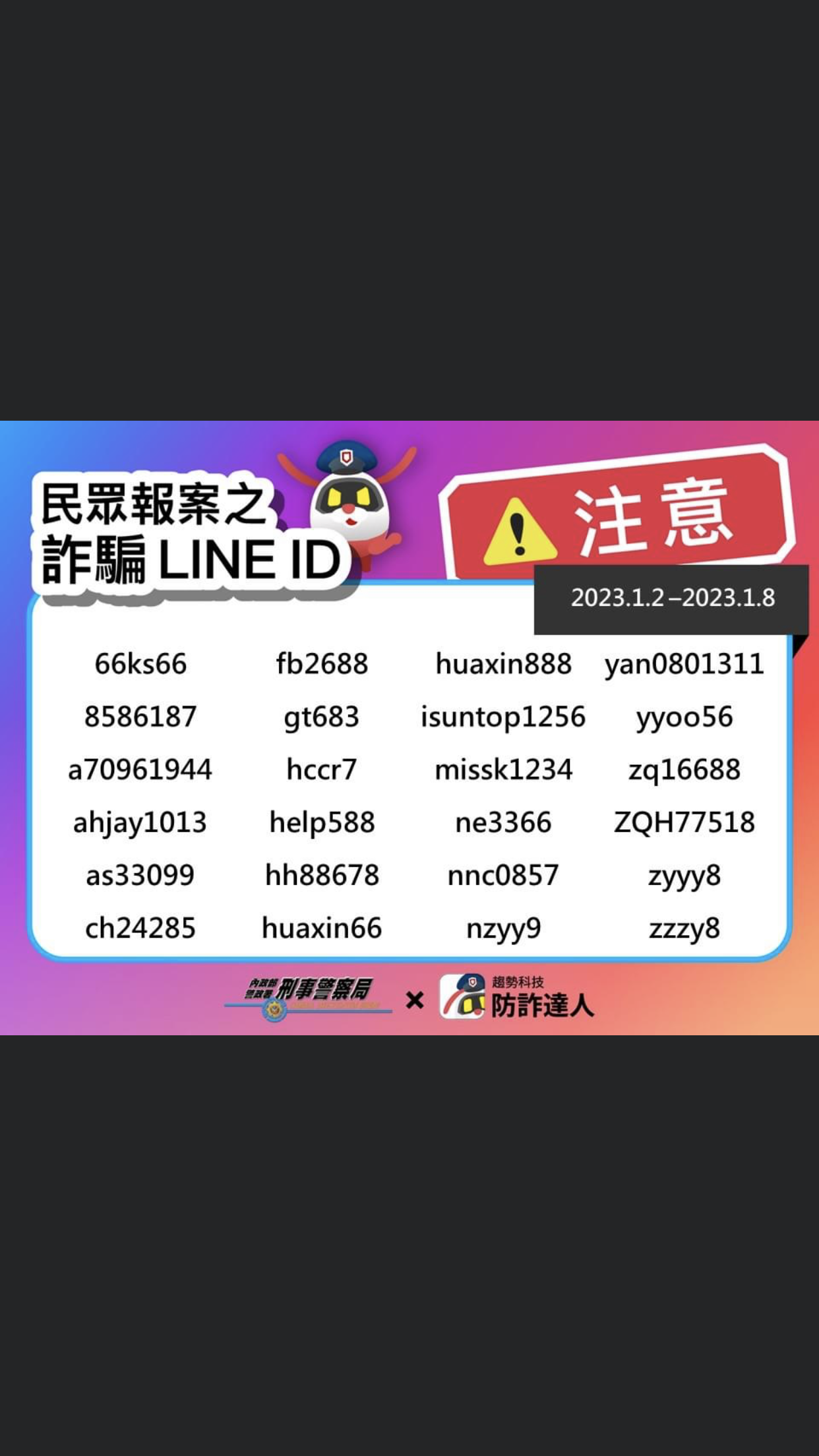 警方公布高風險LINE帳號。(刑事局提供)