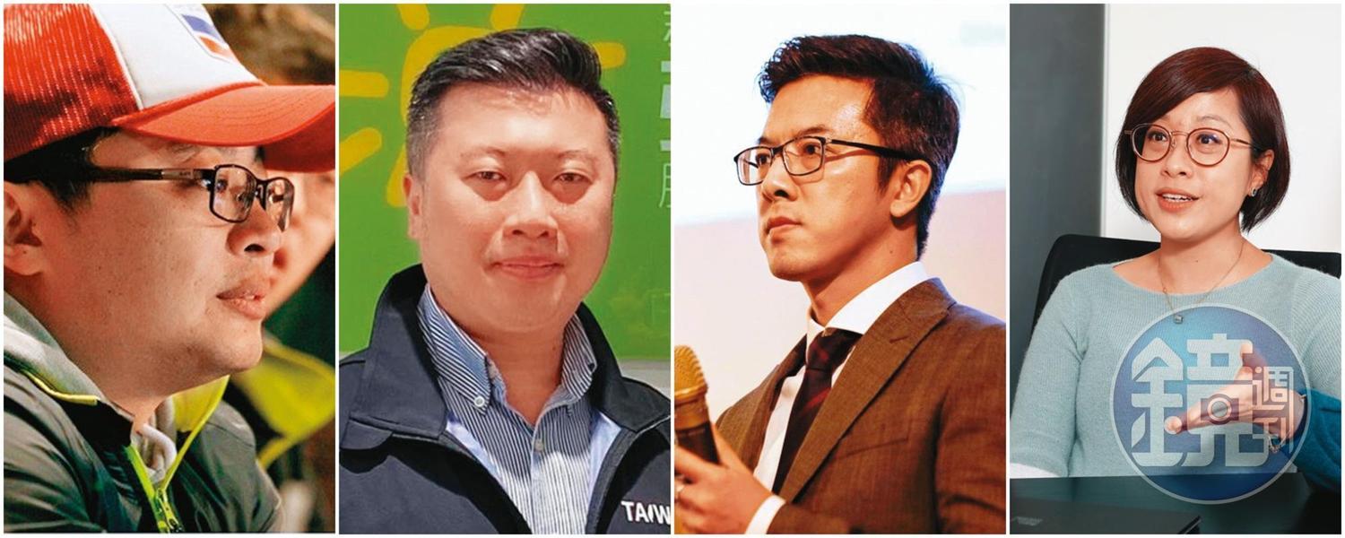 黨務人事大換血,(右起)前桃園市新聞處長詹賀舜新任網路部主任;新聞部主任鎖定湧言會系統的張志豪;媒創中心留任蘇系文宣大將翁世豪;轉型後的婦女部則找律師出身李晏榕擔任主任。(左至右,翻攝翁世豪臉書、翻攝張志豪臉書、翻攝詹賀舜臉書、本刊資料照)
