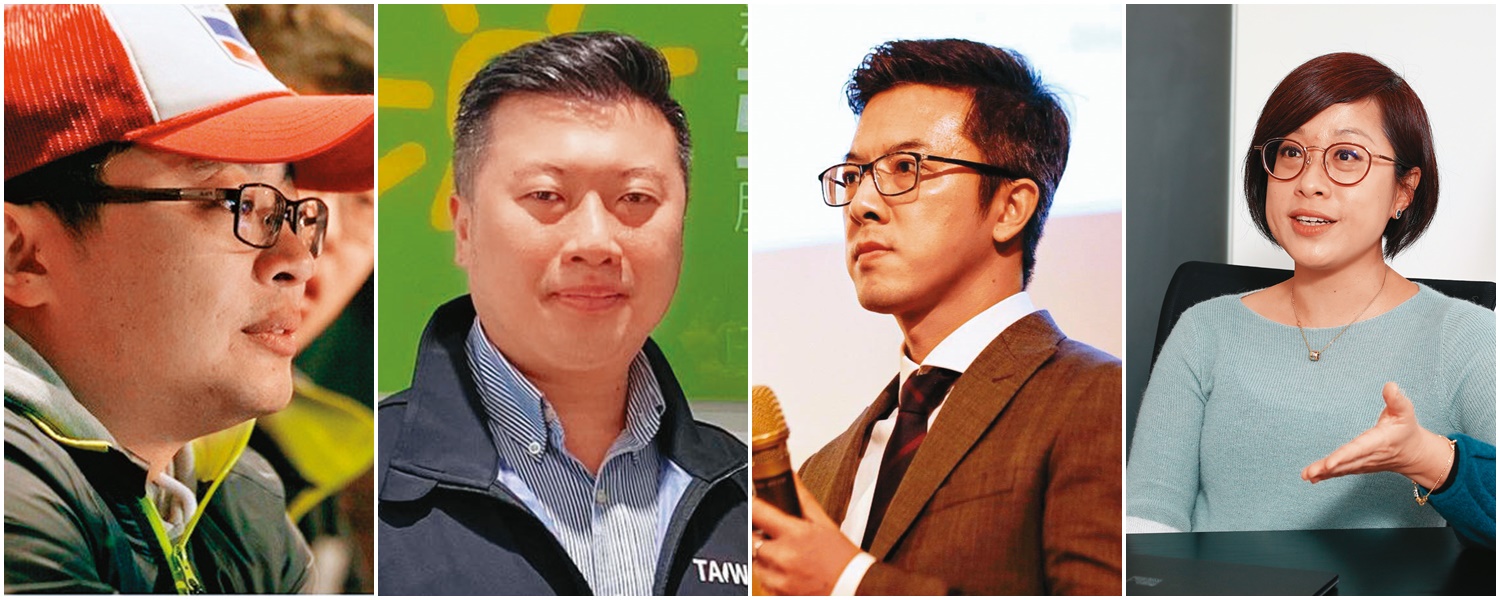黨務人事大換血，（右起）前桃園市新聞處長詹賀舜新任網路部主任；新聞部主任鎖定湧言會系統的張志豪；媒創中心留任蘇系文宣大將翁世豪；轉型後的婦女部則找律師出身李晏榕擔任主任。（左至右，翻攝翁世豪臉書、翻攝張志豪臉書、翻攝詹賀舜臉書、本刊資料照）