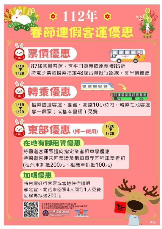 公路總局自連假前一天19日至29日止,推出多項公共運輸優惠措施。(公路總局提供)