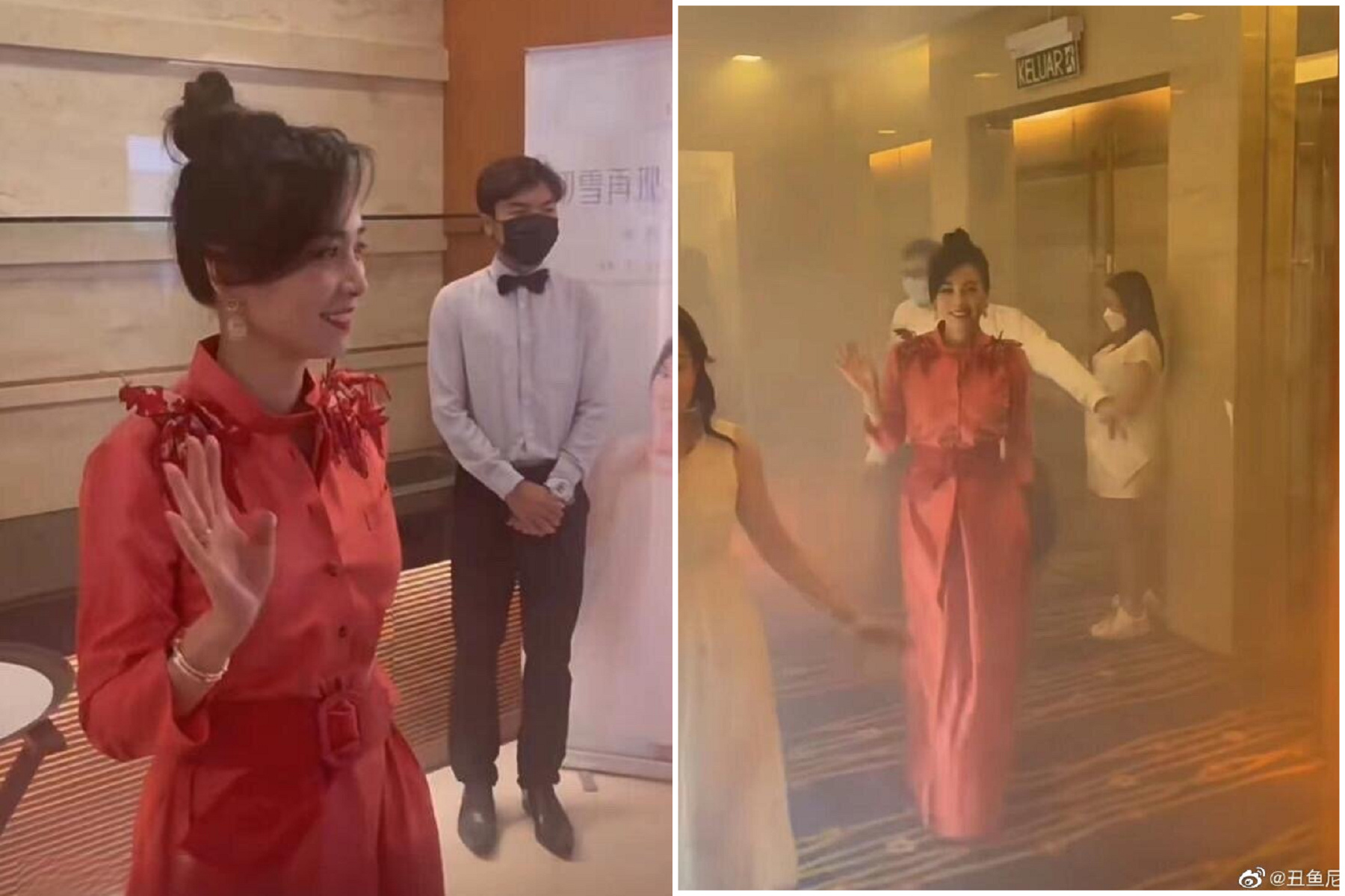 張庭林瑞陽沒事了？88億資產遭凍結仍「穩爆」，她一襲紅衣現身上海。（翻自微博）