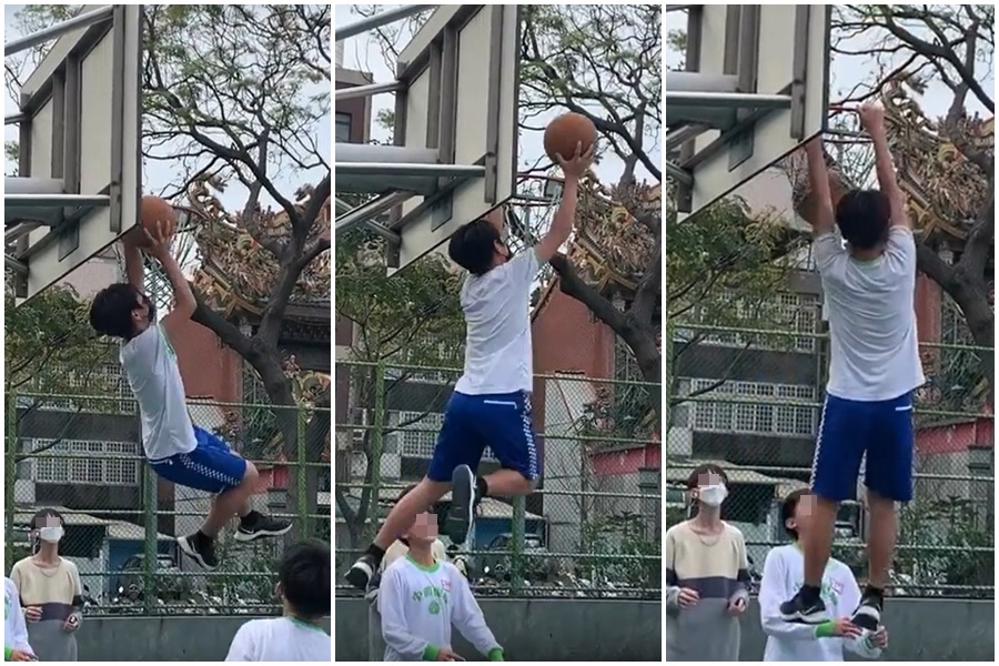 台灣某中學男同學爬上籃框灌籃的影片被FIBA分享，吸引4萬多人朝聖。（翻攝自FIBA IG）