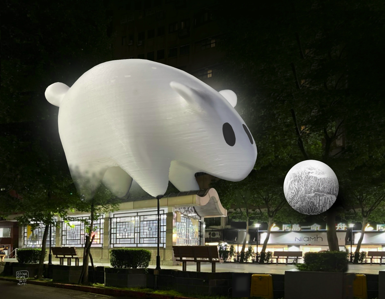 首次親自來台參展的藝術家大岩奧斯卡,以光兔為作品展出「光兔現蹤」。