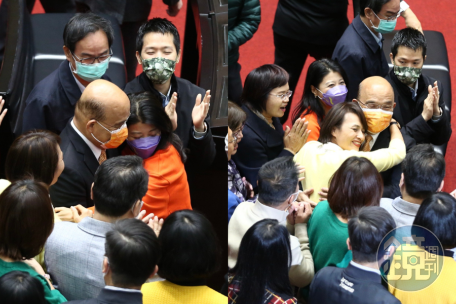 蘇貞昌現身立院,綠委林楚茵、邱議瑩等人「搶抱」。