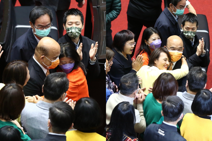 蘇貞昌現身立院，綠委林楚茵、邱議瑩等人「搶抱」。
