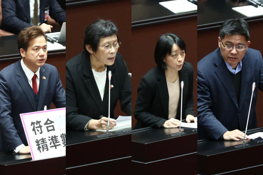 民眾黨立委邱臣遠（左起）、時代力量立委陳椒華、王婉諭、邱顯智。