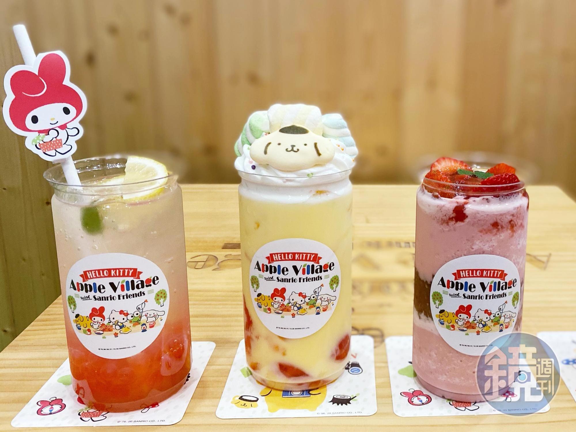 繽紛夢幻的華麗特調，美樂蒂造型「蜜桃水晶氣泡飲」、布丁奶茶為基底鋪上滿滿棉花糖的「布丁狗聖誕杯」以及口感層次豐富的「草莓銀耳雪泥冰」。（由左至右，160元、180元、180元／杯）