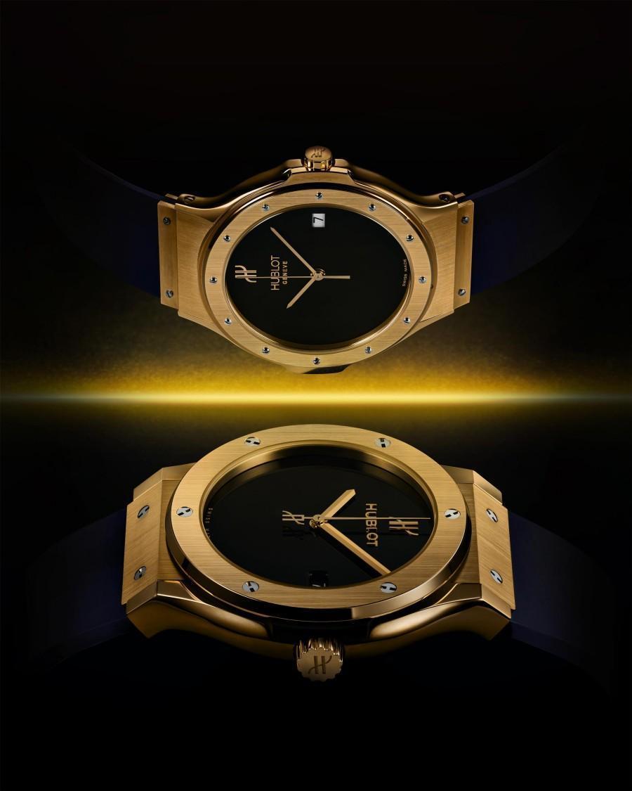 HUBLOT宇舶在三年前，慶祝品牌創立40年之時，就曾經復刻1980年的原創經典錶款。其18K金錶殼與黝黑極簡的面盤，與原始錶款（上方為舊款，下方為新款）完全相同，僅把錶圈的12顆螺絲減少為6顆，使更加現代化，錶徑則是45mm。