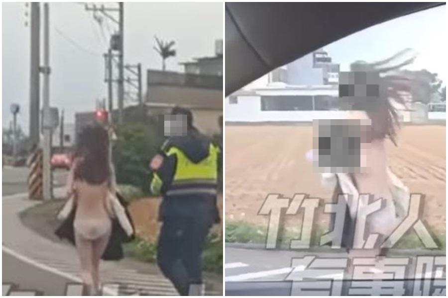 有網友在新竹市東大路三段目擊一名20多歲長髮女子,僅穿內褲在路上裸奔。(翻攝自竹北人有事嗎臉書)