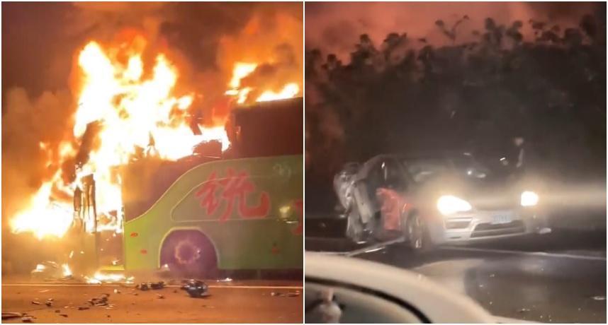 國道一號發生火燒車意外,造成2死9傷。(圖/翻攝爆料公社)