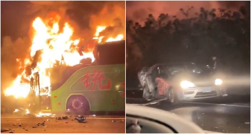 國道一號發生火燒車意外，造成2死9傷。（圖／翻攝爆料公社）