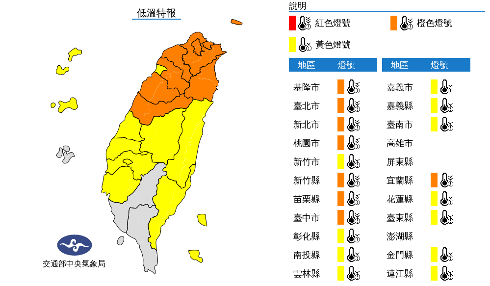 氣象局對全台19縣市發布低溫特報。(翻攝自中央氣象局)