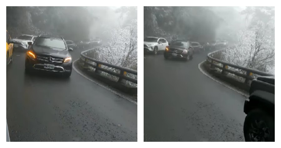 賓士車原本想逆向行駛插隊，不料卻沿路遭順行車逼退「倒車下山」。（翻攝影片）