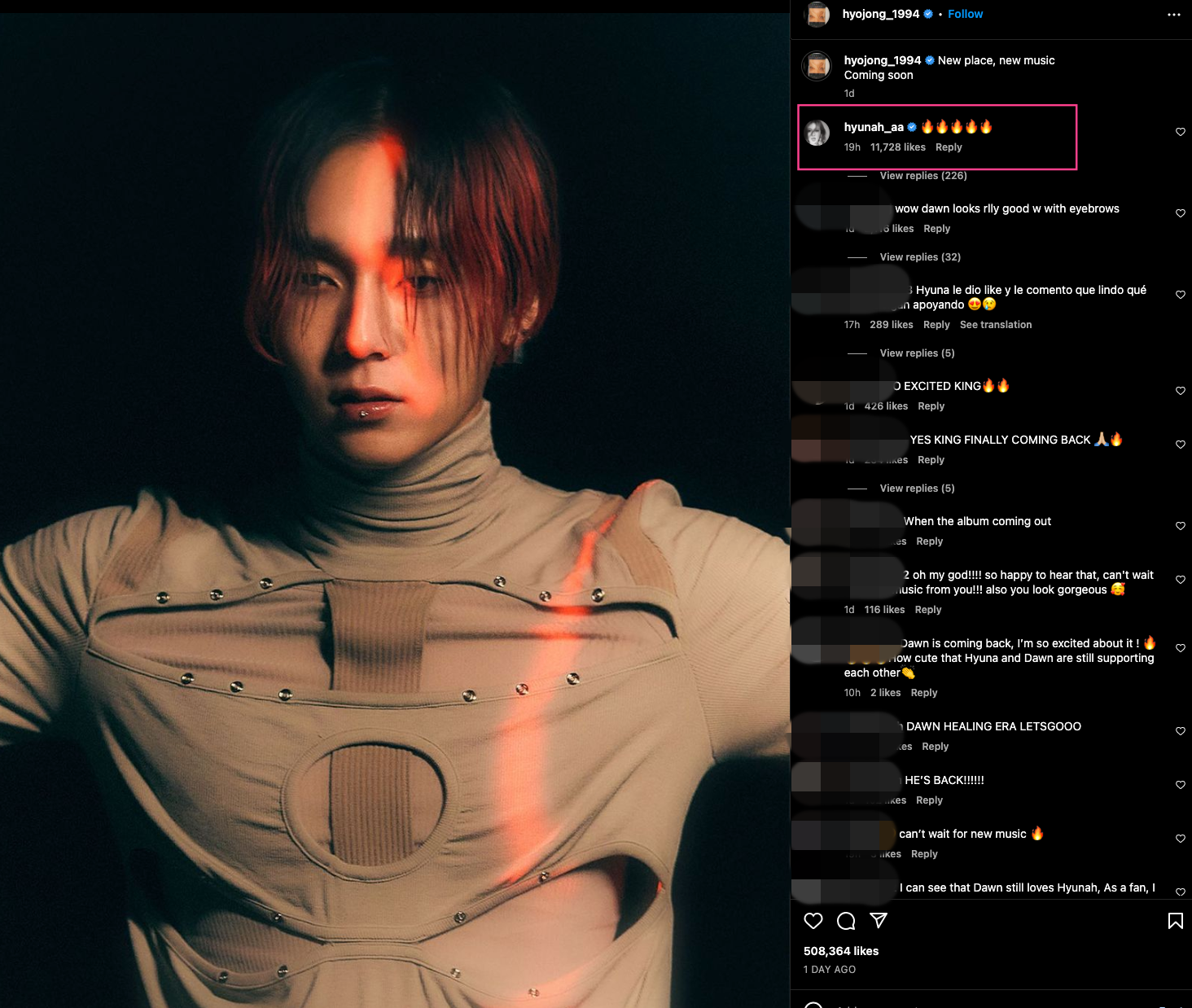 Dawn昨更新新動向,粉絲喜見泫雅留言。(翻攝Dawn IG)