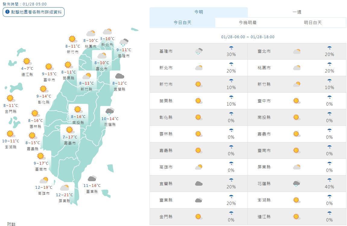 全台各地今日上午天氣狀況。(中央氣象局提供)