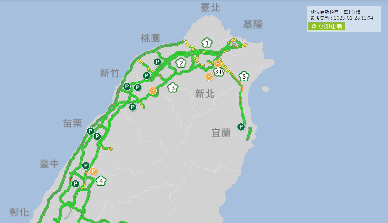 截至12時,除「沙鹿-清水服務區北向路段」與「鼎金系統-左營端 東、西向路段」呈紅色以外,其餘道路都順暢。(翻攝自高公局官網)