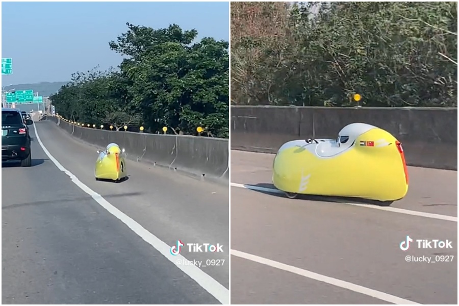 有網友分享經過西濱公路某處看見一輛外觀類似「黃色小鴨」的車子在路上行駛。(翻攝自TikTok)