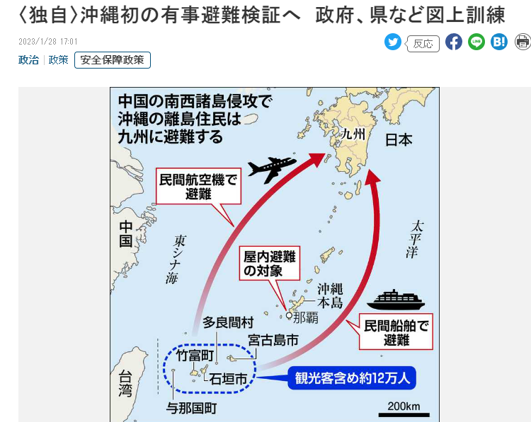 日本政府對於最靠近台灣的沖繩離島，制定初步的逃難計畫並於今日曝光。（翻自《產經新聞》）