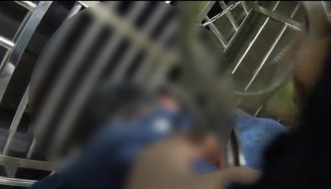 謝男見警破門一度想從後陽台跳樓逃逸，仍被警方拉下逮捕。（翻攝畫面）