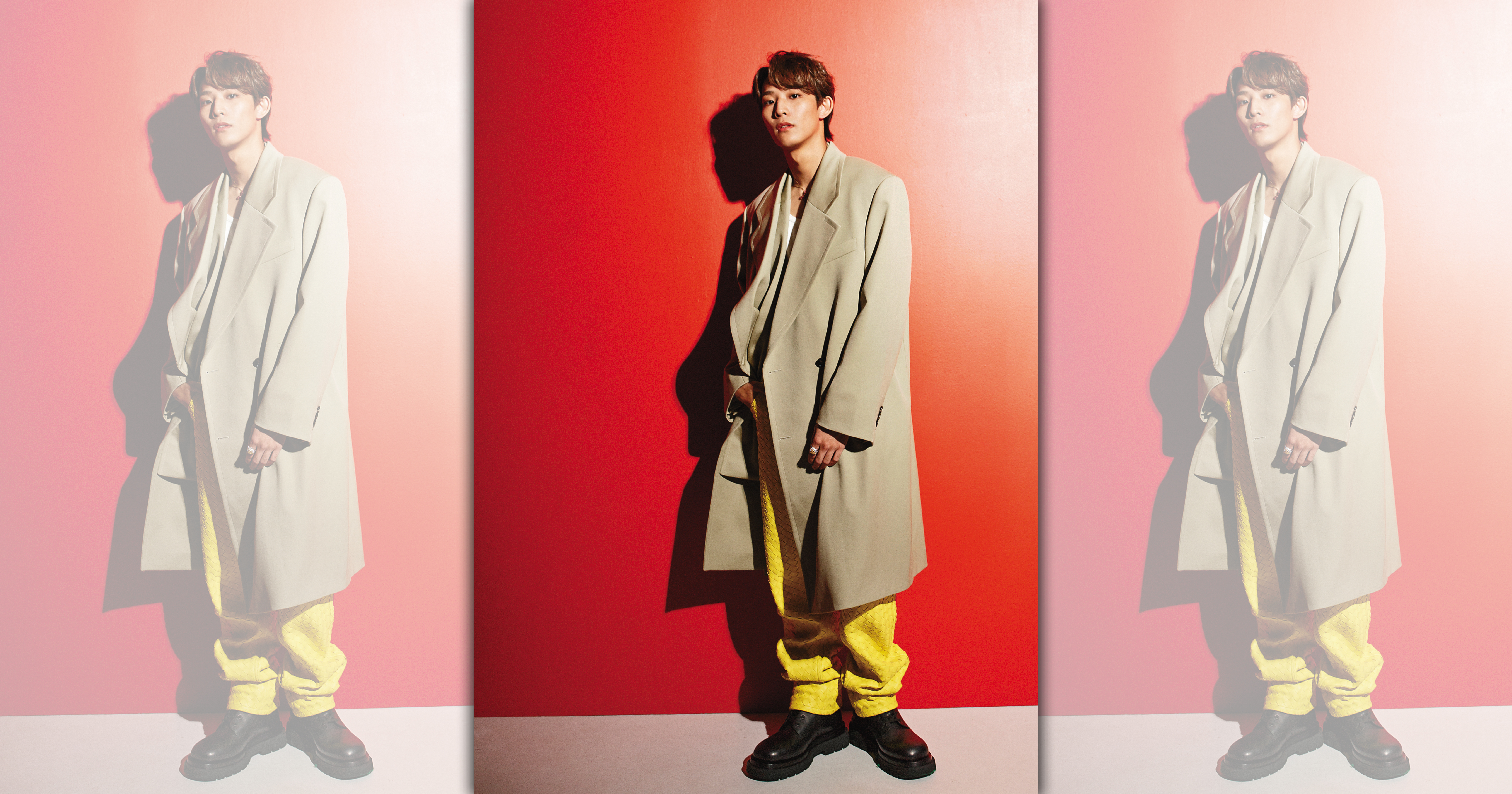 林煥鈞趁過年時間休息恢復體力，透露最開心的是吃了很多奶奶做的炸年糕。（外套、褲、鞋 by Bottega Veneta／黃彩鑽戒 by Gemmie Jewelry）