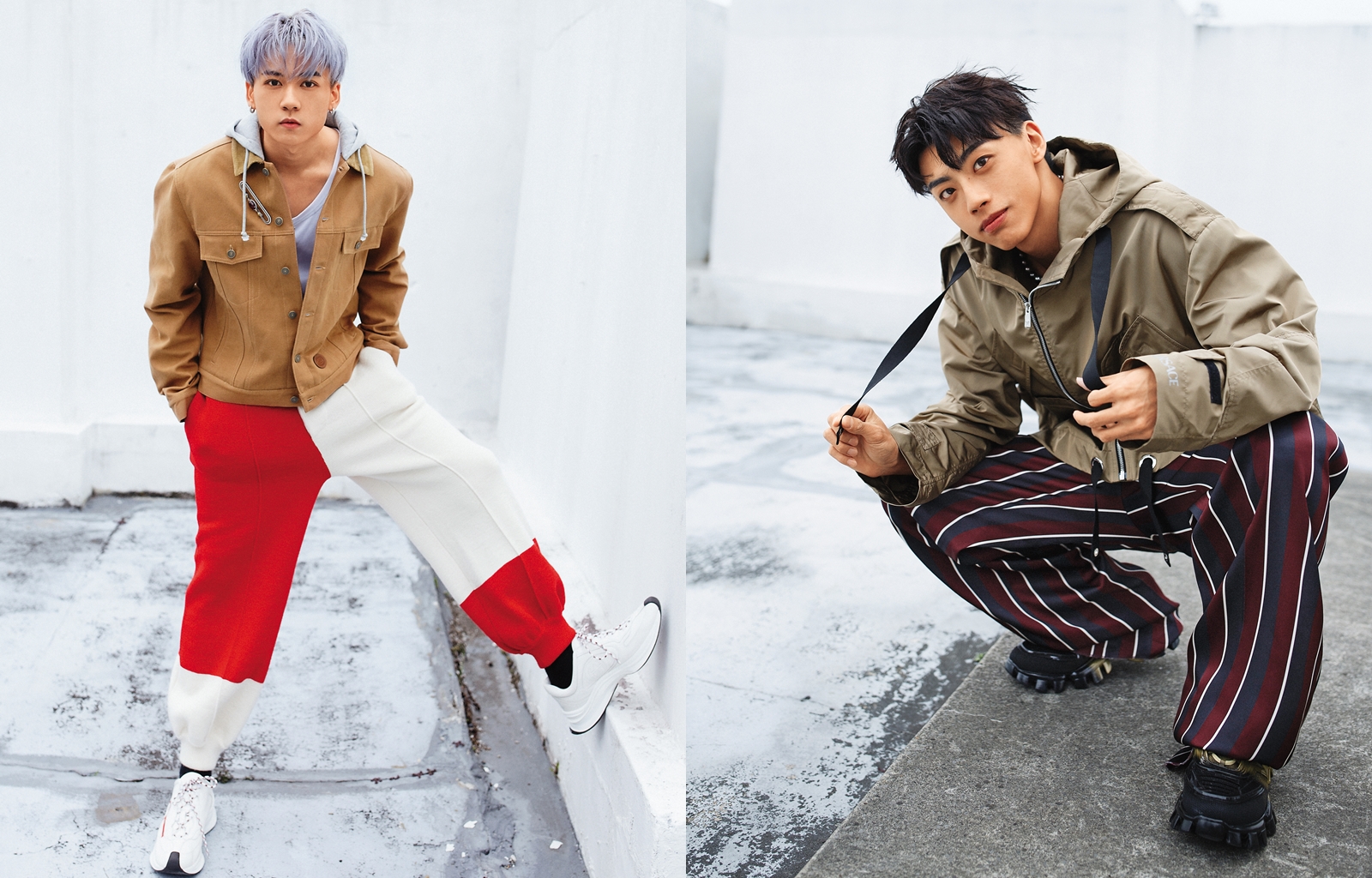 從原子少年到Ozone，周祖安（左）一直擔任隊長的角色，成為藝人後，他也更嚴格要求自己。（外套、褲、鞋 by GUCCI／內搭 by PRADA／紅碧璽鑽石胸針 by Gemmie Jewelry）；黃文廷（右）過年和阿嬤一起看Ozone登上《超級巨星紅白藝能大賞》，相當感動。（外套、條紋褲 by VERSACE／鞋 by PRADA／黑珍珠串鍊 by Gemmie Jewelry）