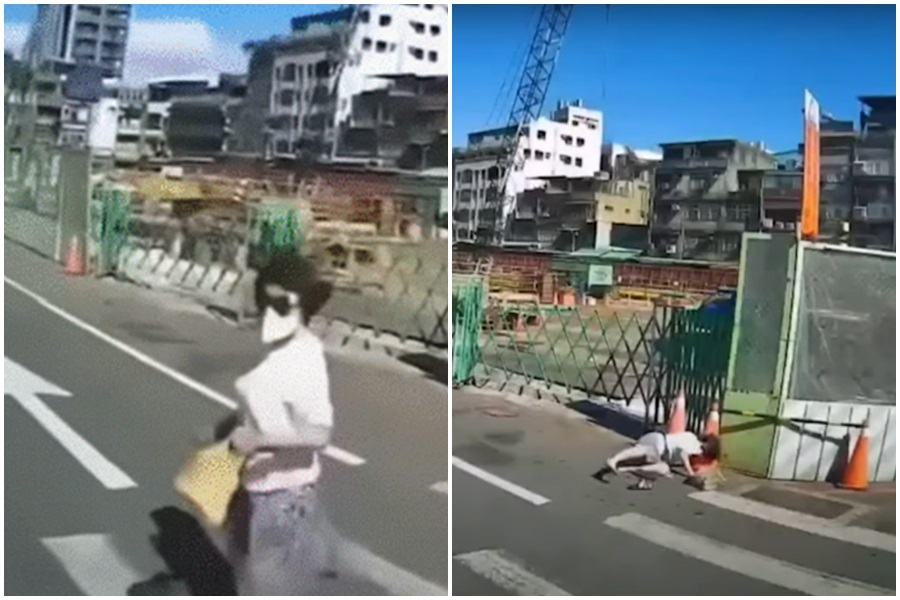 去年桃園72歲阿嬤被轉彎未禮讓的貨車嚇到慘跌，該影片傳到日本被誤以為是中國大媽碰瓷假摔。（翻攝自影片截圖）
