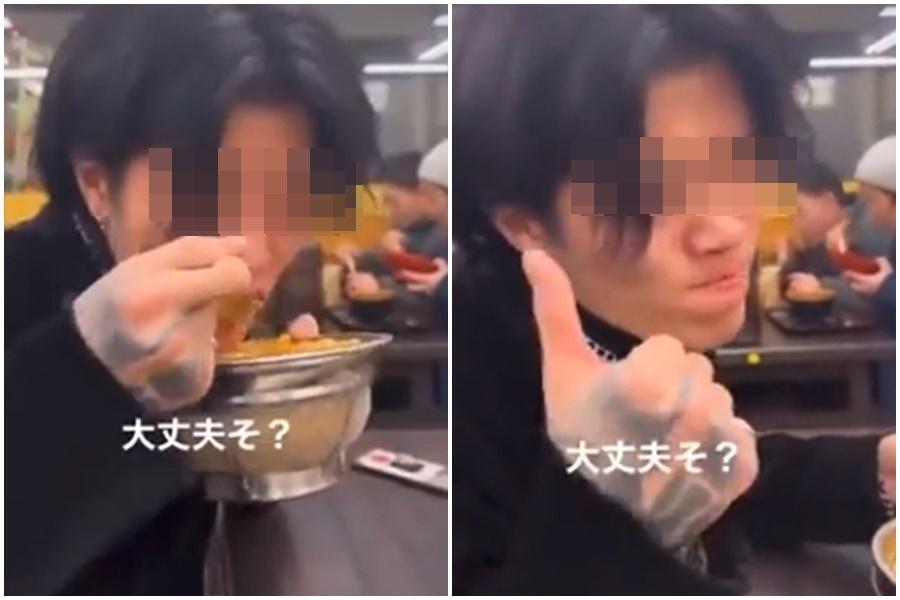 日本一名噁男,前往人氣烏龍麵店「資先生烏龍麵」用餐,竟錄下用公共湯匙大吃天婦羅渣的惡搞影片。(翻攝自推特@kogumasokuhou)