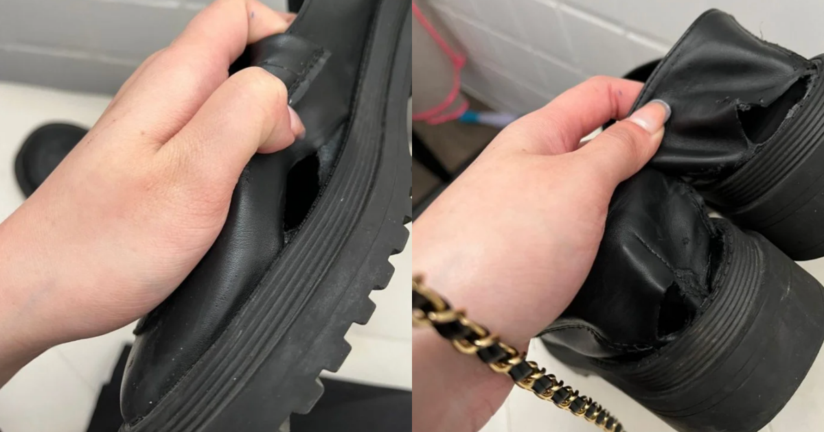 網友在知名鞋店買不到1年的鞋，竟嚴重損壞「破光光」。（翻攝自Dcard）