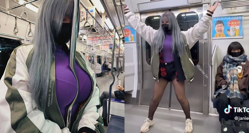 泥泥學姐日本電車挑戰熱舞，影片吸引大批網友朝聖。（圖取自Tik Tok）