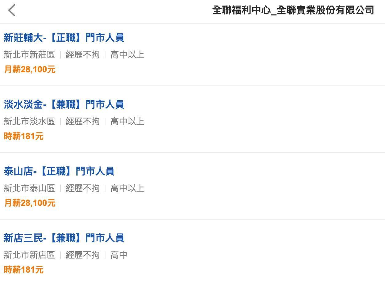 104網站顯示，正職門市人員月薪28,100元。（翻攝自104官網）
