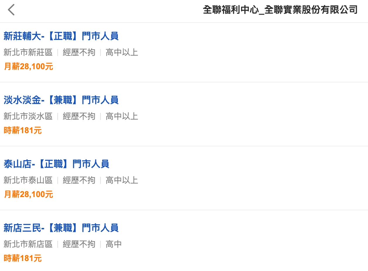 104網站顯示，正職門市人員月薪28,100元。（翻攝自104官網）