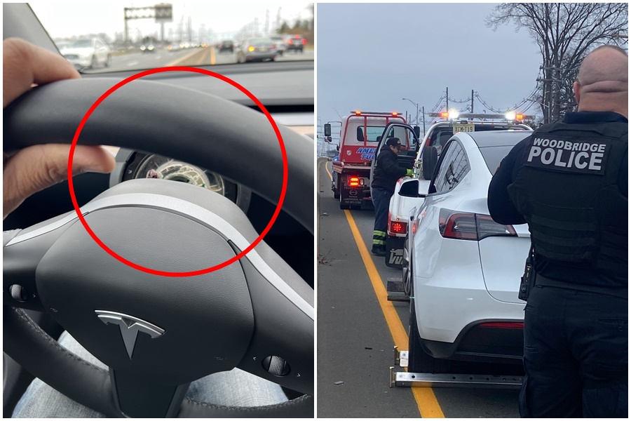美國一名特斯拉駕駛在行駛途中「方向盤突然脫落」，幸好後方沒有來車，否則恐釀成一樁交通悲劇。（翻攝自推特@preneh24）