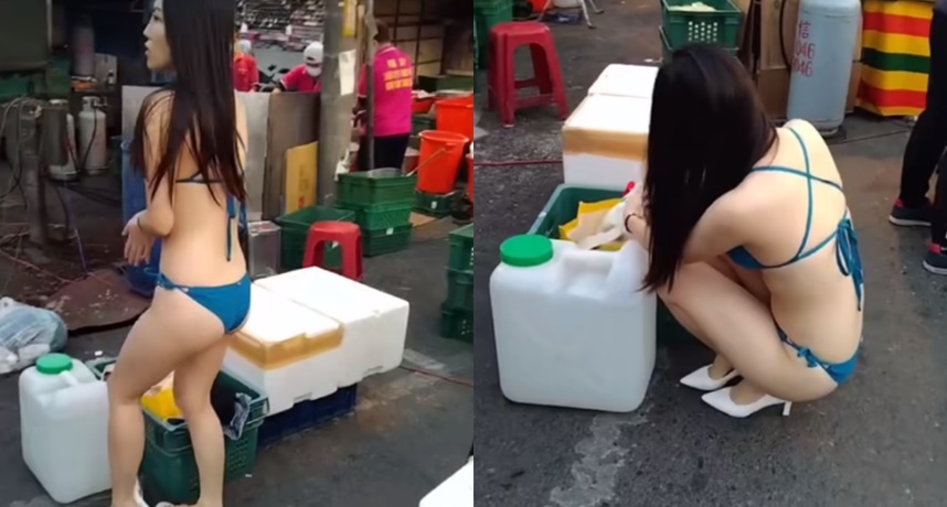 正妹穿比基尼叫賣,和來往身穿大衣的民眾形成強烈的對比。(翻攝自臉書)