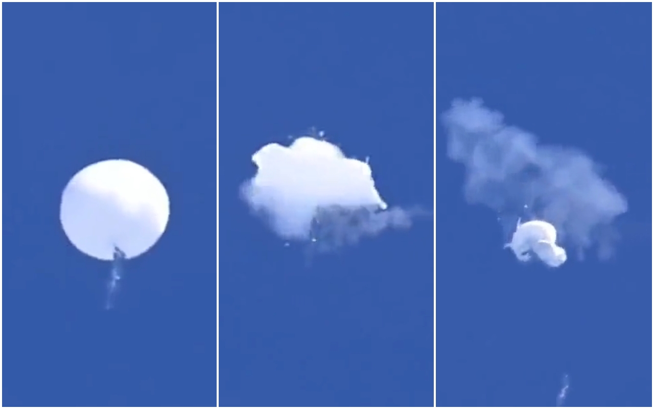 中國間諜氣球飛越美國陸基核武重地，稍早它飄到大西洋空域時已遭到擊落。（翻攝自推特）