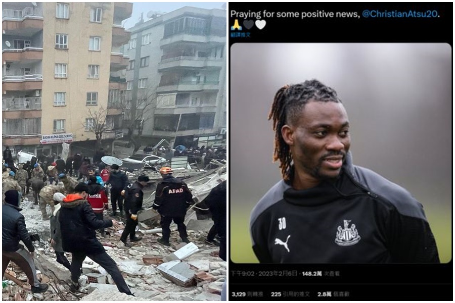 英超前球星阿特蘇在土耳其地震後失聯，紐卡索聯官方發文祈福。（翻攝自Twitter/@narrativepk_）