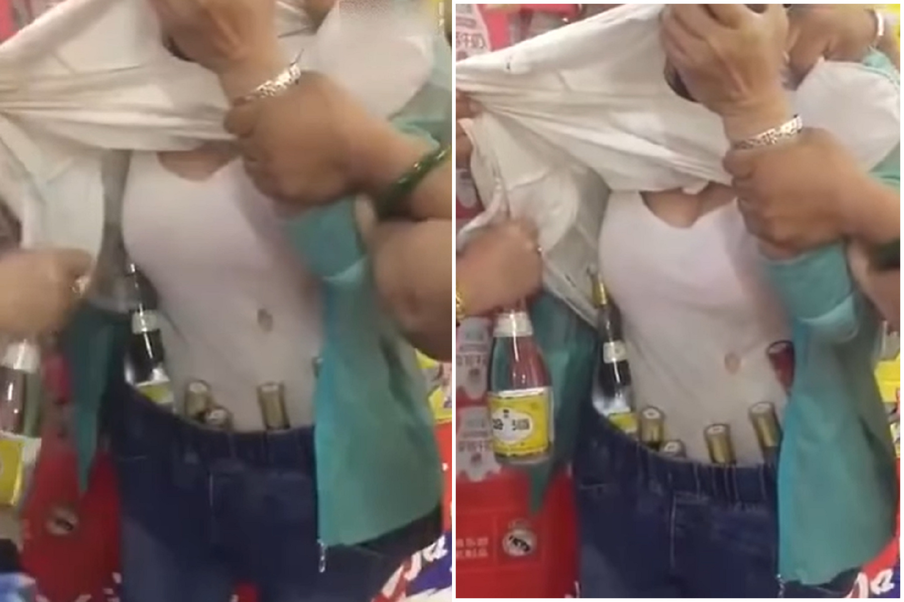 厲害了中國大媽！「波霸奶茶」只是障眼法，當場被掀衣掏出一支又一支酒。（翻自臉書）