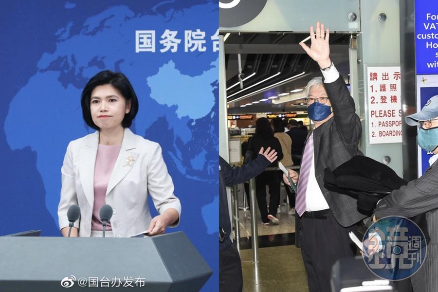 針對國民黨副主席夏立言(右)訪問中國,朱鳳蓮(左)今透露夏立言的2個行程。(左圖翻攝自國台辦發布微博)