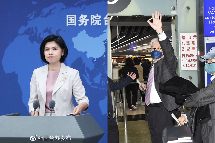 針對國民黨副主席夏立言（右）訪問中國，朱鳳蓮（左）今透露夏立言的2個行程。（左圖翻攝自國台辦發布微博）